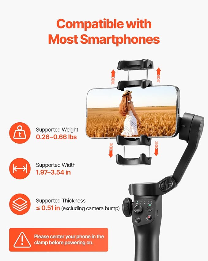 VEVOR Gimbal Stabilizer for Smartphone, 3-Axis Stabilization, Phone Gimbal for Android & iPhone with Face/Object Tracking, Tripod, Portable & Foldable Handheld Phone Stabilizer for Video Recording