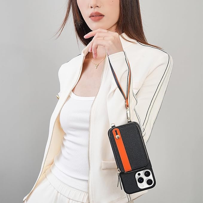 LAMEEKU for iPhone 15 Pro Max Wallet Case with Card Holder, Zipper Leather Crossbody Case with Kickstand Wrist Strap Lanyard for Women, Cover Phone Grip Holder Stand 6.7" -Black