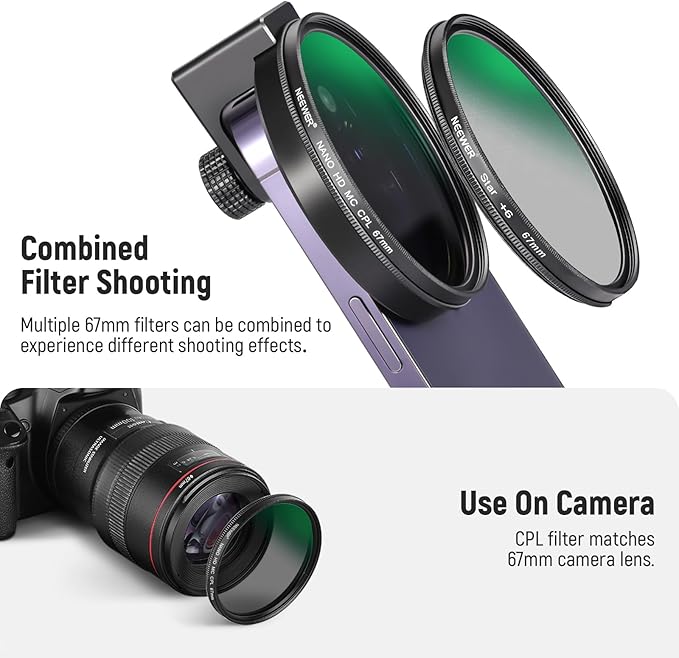 NEEWER CPL Filter for Phone, 67mm Camera Lens Polarizing Filter with Metal Cold Shoe Phone Clip Compatible with iPhone 16 15 Pro Max Plus 14 13 Pro Max Mini 12 11 X XS Max Samsung Galaxy, FL-27