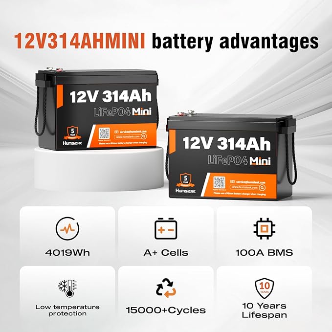 12V 314Ah LiFePO4 Lithium Battery Max. 4019Wh Energy, 15000+ Deep Cycles,100A BMS Lithium Iron Phosphate Rechargeable Battery Great for RV, Marine and Off Grid Applications, 2 PACK
