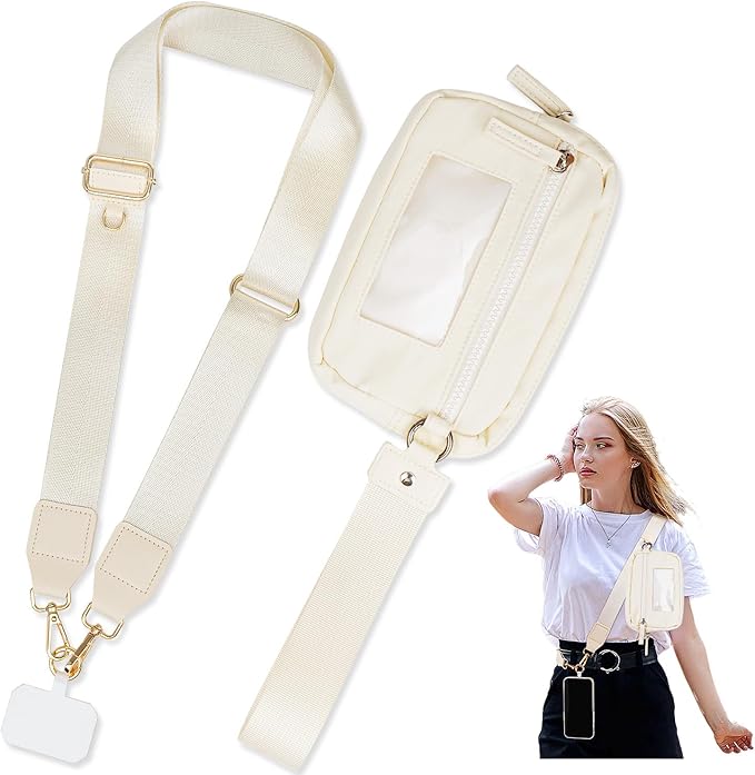 kullder Save Girls Phone Lanyard with Wallet, 2 Pcs-Clip & Go Phone Strap Crossbody with Zippered Pouch & Wrist Lanyard-1 Pad, Universal Cellphone Strap Adjustable Neck Crossbody for Women (Beige)
