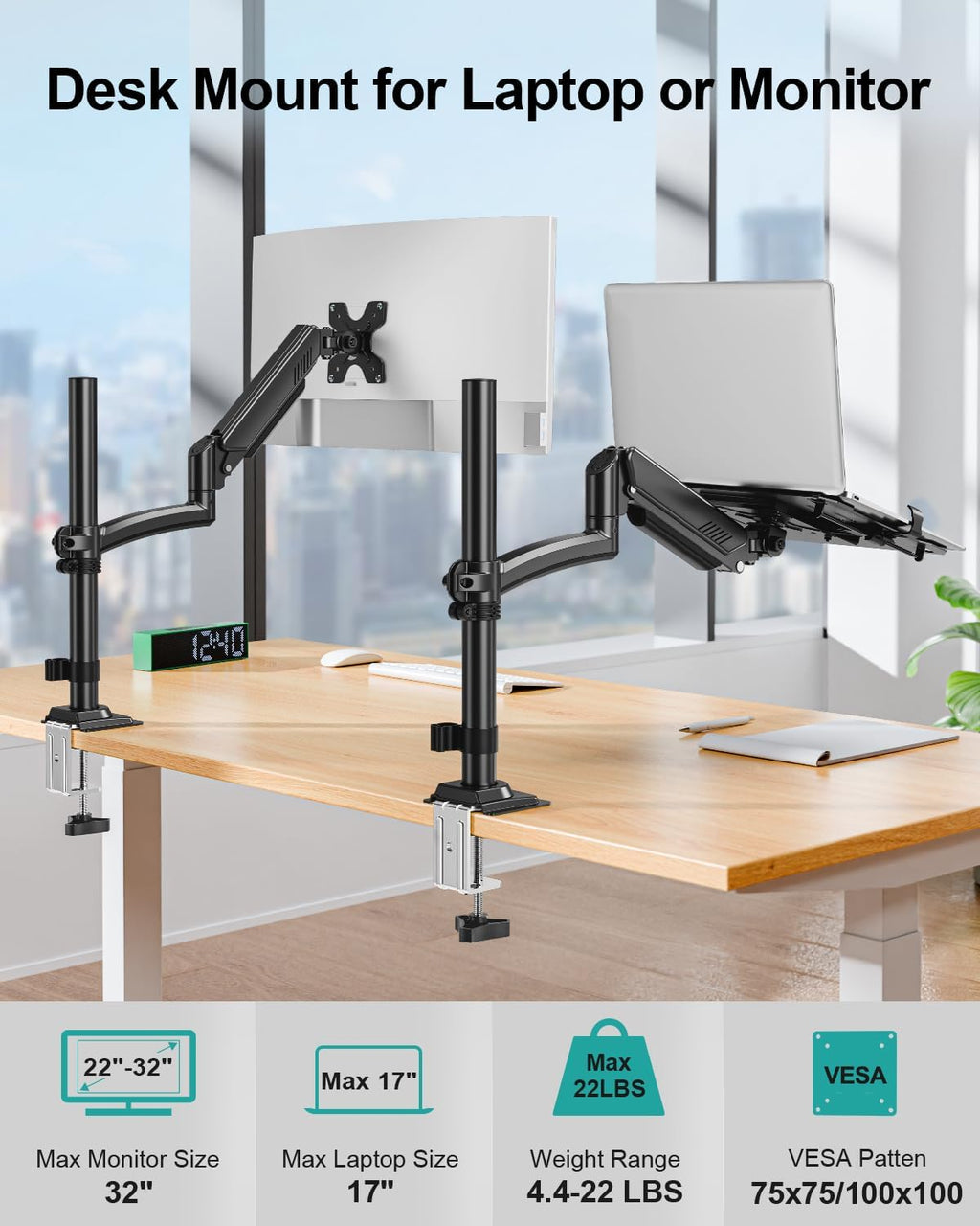 MOUNT PRO Laptop Arm Desk Mount, Single Monitor Stand with VESA Laptop Tray, Adjustable Lap Top Holder for Max 22lbs 17" Notebook & 32" Computer Screen, Swivel Notebook Bracket, Clamp on/Grommet Base