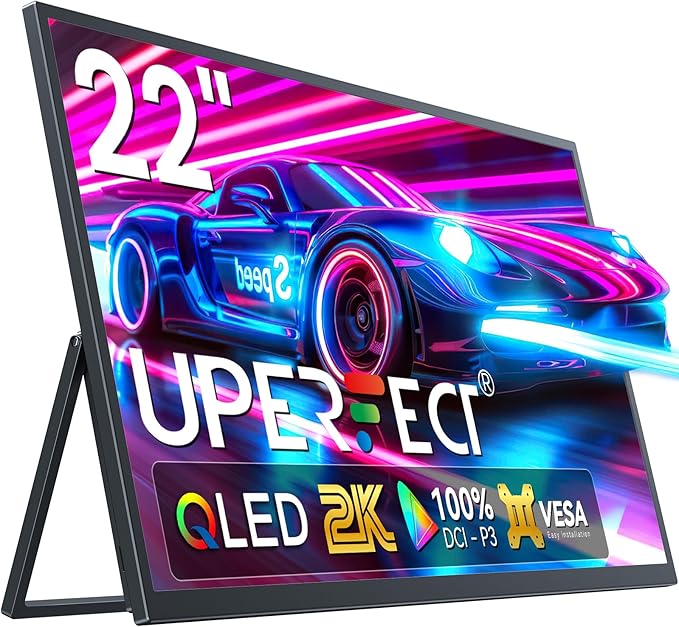 UPERFECT 22" QLED 2K Portable Monitor w/VESA & 180° Adjustable Stand, 2560×1440 QHD FreeSync IPS HDR Gaming Display, USB-C HDMI Travel Second Monitor for Laptop, Switch, Phone