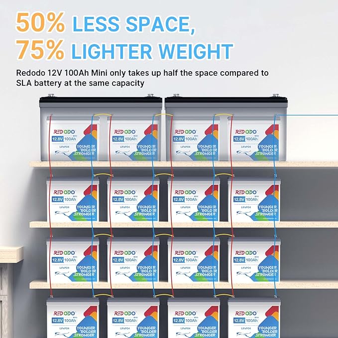 Redodo 2 Pack 12V 100Ah Mini LiFePO4 Lithium Battery, 1280Wh Deep Cycle Battery with Upgraded 100A BMS, UP to 15000 Cycles, Perfect for RV, Camping, Solar Home Storage, Off-Grid, Trolling Motor