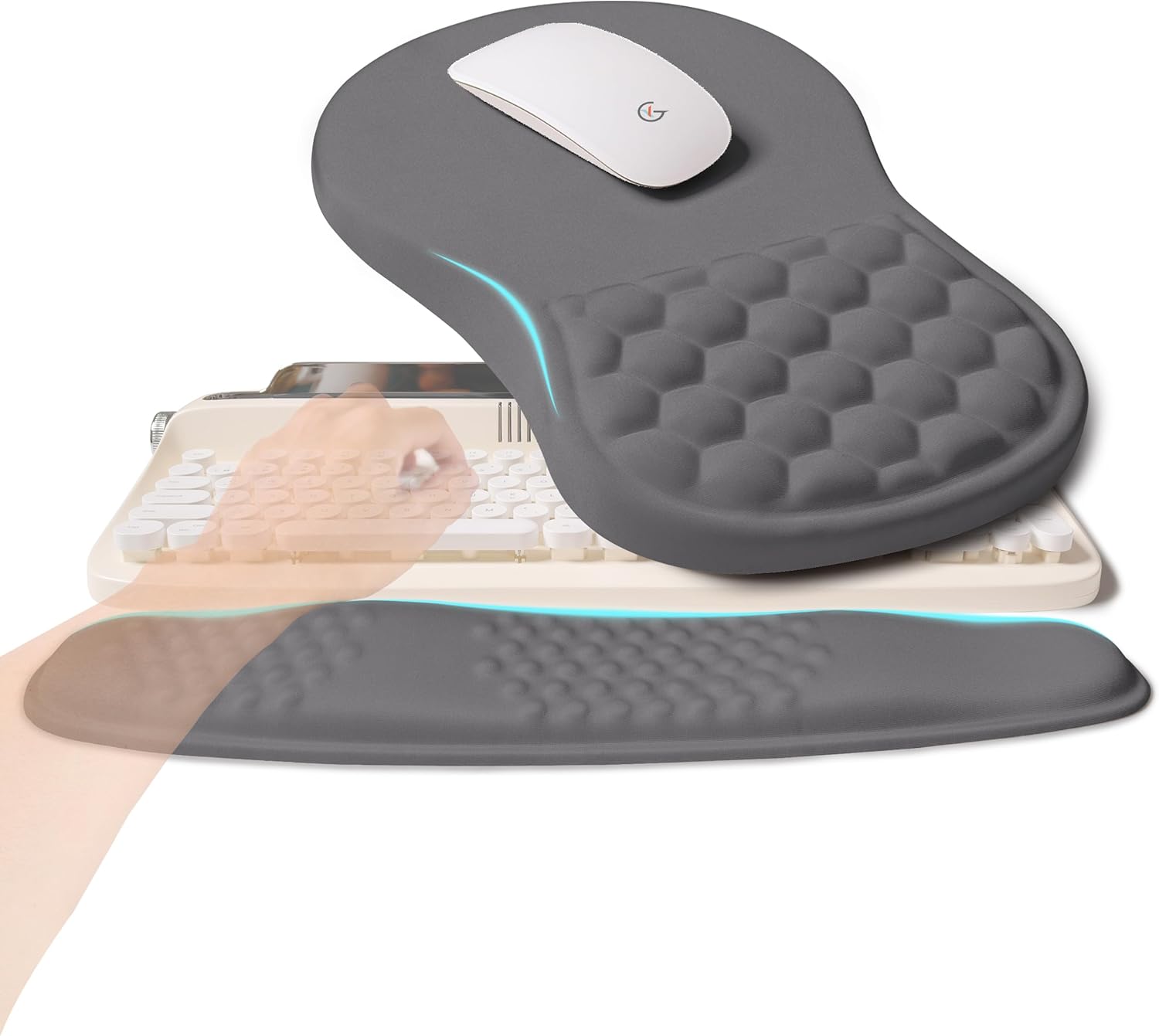2-in-1 Ergonomic Set, Wave Rise Keyboard Wrist Rest and Massage Bulge Slope Mouse Pad Wrist Support, Cushion Memory Foam Integrated to Relieve Wrist Pain, Deep Gray