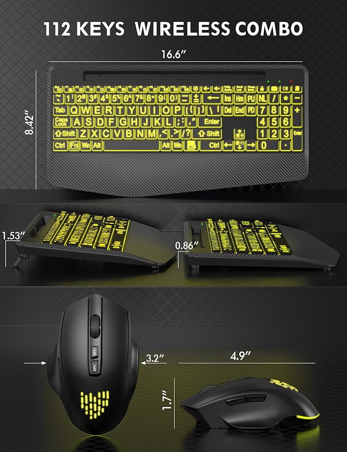 Wireless Keyboard and Mouse Backlits, Wrist Rest, LED Mouse, Rechargeable Ergonomic Keyboard with Phone Holder, Silent Light Up Combo for Computer, Mac, PC, Laptop, Chromebook (Black Large Print)