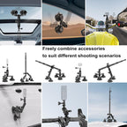 BRCOVAN Suction Cup Car Camera Mount Kit with Metal Extendable Selfie Stick, Dual Aluminum Alloy Arm, with Action Camera Adapter & 1/4"-20 Camera Thread, with Flagpole Accessories