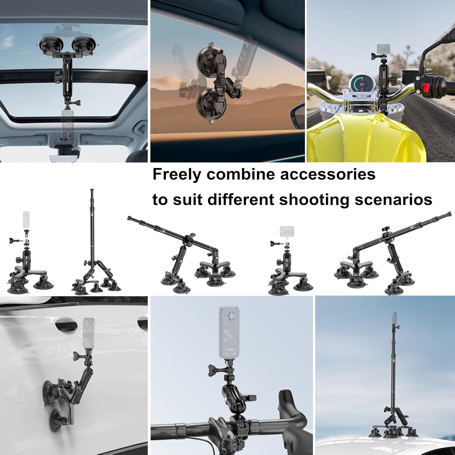 BRCOVAN Suction Cup Car Camera Mount Kit with Metal Extendable Selfie Stick, Dual Aluminum Alloy Arm, with Action Camera Adapter & 1/4"-20 Camera Thread, with Flagpole Accessories