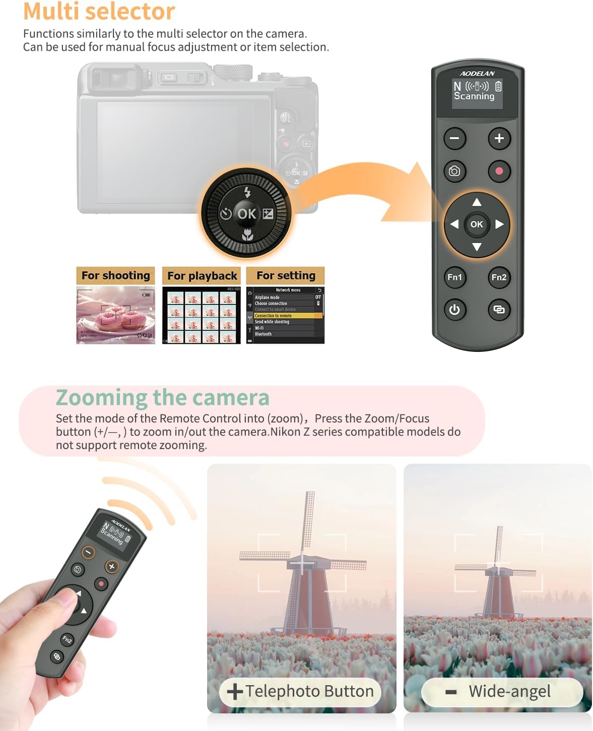 for Nikon Wireless Camera Remote Control - Aodelan Rechargeable Shutter Release Trigger with OLED Screen for Zfc, Z50, P1000,A1000, P950, B600; Replaces Nikon ML-L7(Black)