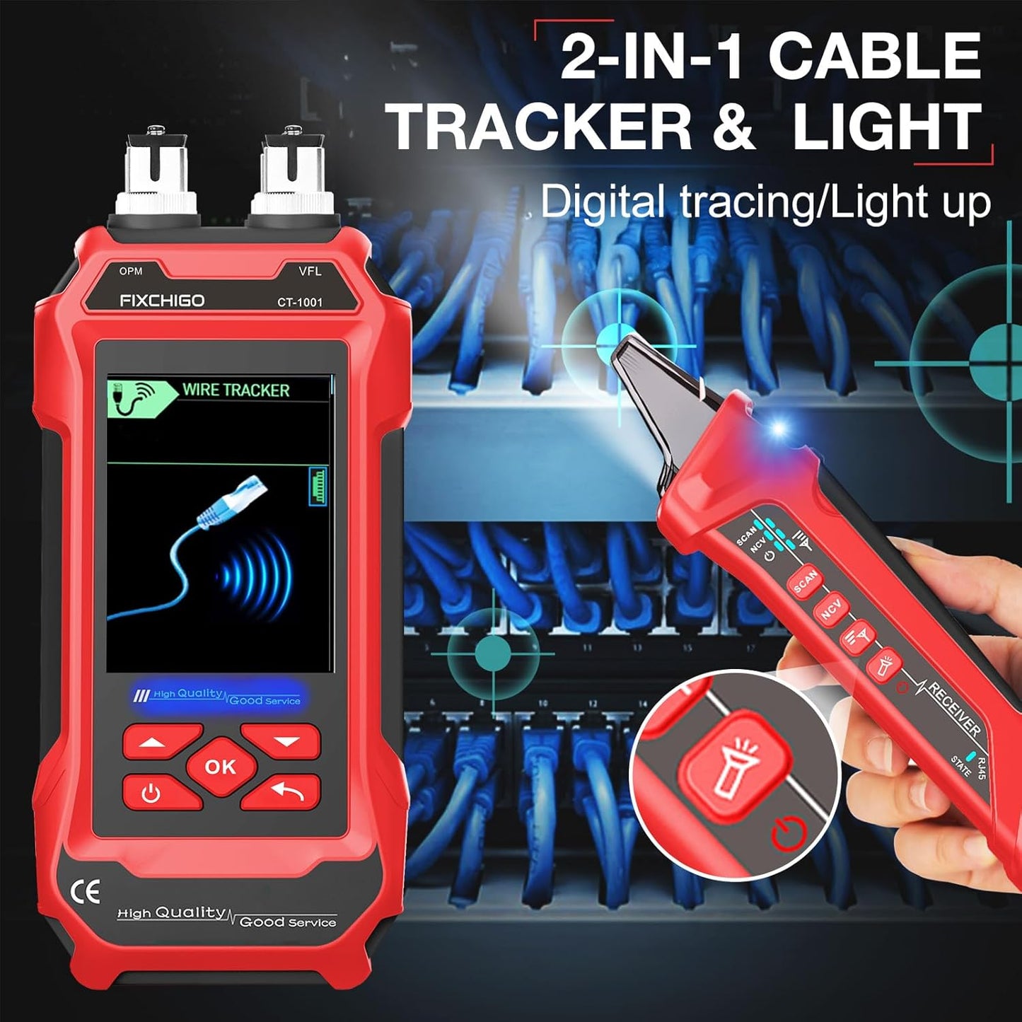 10 in 1 Network Cable Tester with 7 Wavelengths OPM 10Km/10mW VFL 600M Measurable Length 100 Records Tool Kit for CAT5 CAT6 Telephone Ethernet RJ11 RJ45 PoE Wire Tracer NCV, Red
