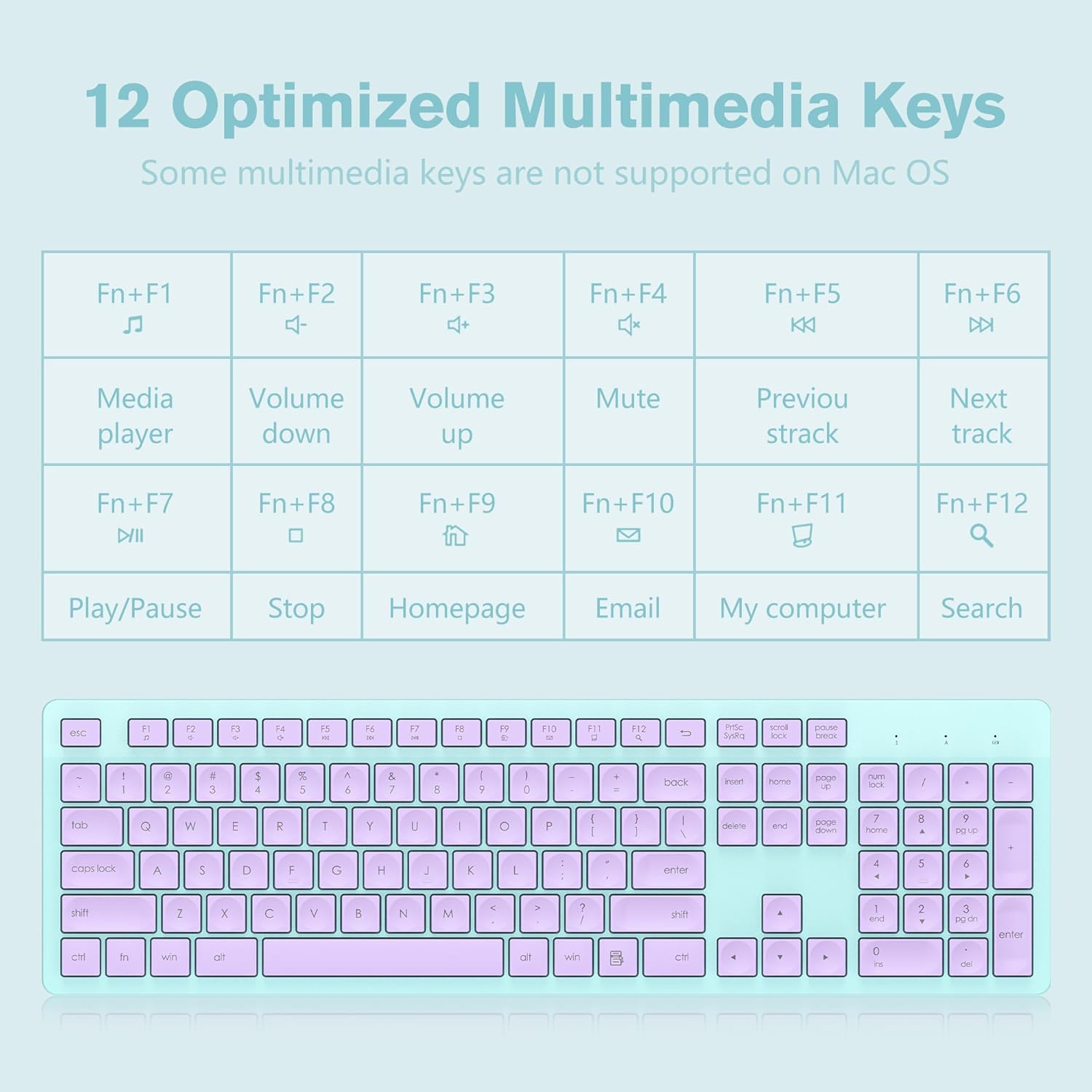 LeadsaiL Wireless Keyboard, 2.4GHz Full-Sized Ergonomic Computer Keyboard, Cordless Noiseless Keyboard,12 FN Shortcuts for Windows MacOS Laptop Computer - Purple and Mint Green