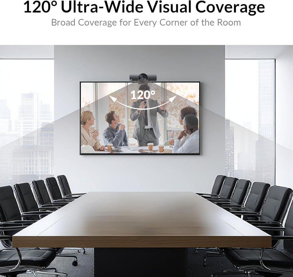 AV Access 4K Conference Room Camera, 1/1.8' Sensor, Individuals Gallery, 120° FOV, 5X Digital Zoom, Auto Framing, Presenter Tracking, Dual Mics, ePTZ, Privacy Cover, Work with Teams, Zoom, Meet