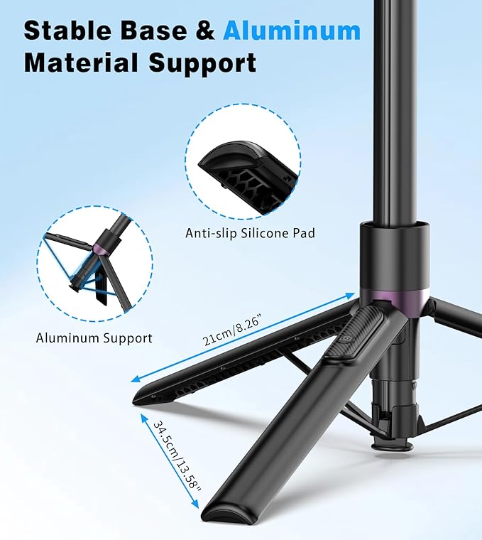 68" Magnetic Selfie Stick Tripod with Rechargeable Detachable Remote for Magsafe, Portable Small Extendable Phone Stand Tripods with Metal Ring, 360° Rotation for Vlog/Live Stream/Travel/Black