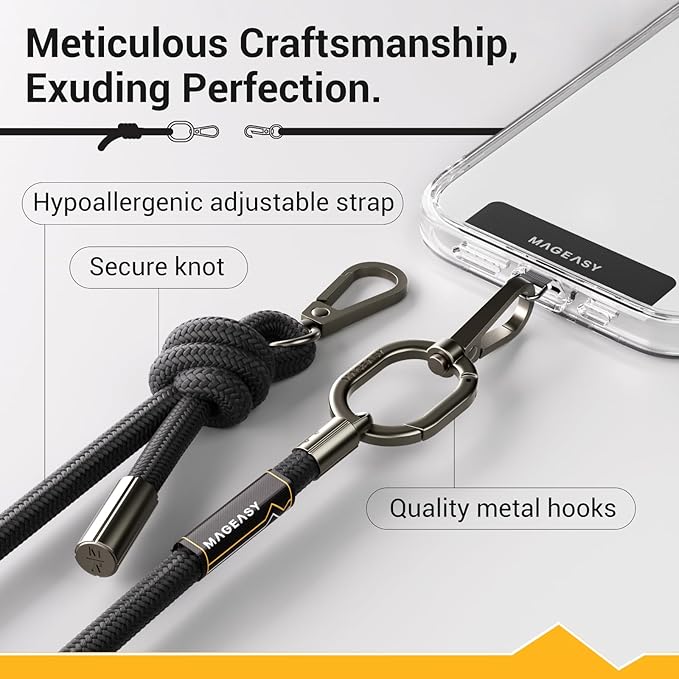 MAGEASY Universal Cell Phone Lanyard - Anti-Theft Thick Rope Crossbody Phone Strap for iPhone 16 Pro Max & Most Smartphones, for Men & Women | 8.3mm Black