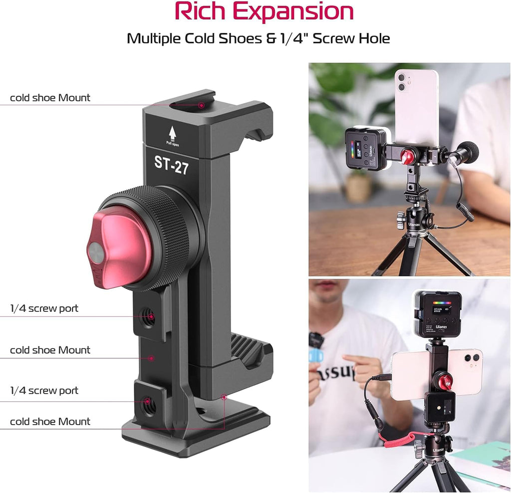 Metal Phone Tripod Mount 3 Cold Shoes & Arca Port, 360° Smartphone Tripod Adapter for iPhone Samsung Cell Phone Stand Holder for Desktop Video Live Streaming Vlogging Rig