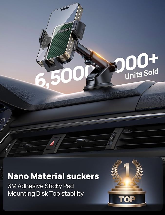 [2025 New] Dashboard Phone Holders for Your Car (+Vent Hook)[Military Grade Stable] Car Cell Phone Holder, Non-Slip Silicone Carbon Fiber Car Phone Mount, Rotatable Suction Cup for All Phone, Green