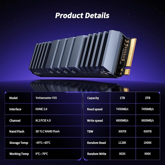 Yottamaster YS5 1TB SSD for PS5 Storage Expansion with Heatsink, M.2 PCIe 4.0 Gaming SSD Up to 7450MB/s, 3D NAND TLC, Internal Gaming Solid State Drive for PS5