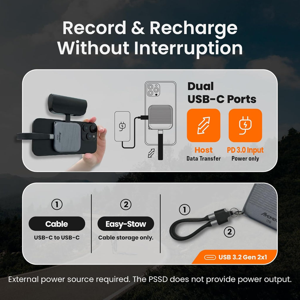 MMOMENT 512GB Magnetic External Portable SSD – 950MB/s Read – for ProRes 4K – Phone SSD Compatible with MagSafe, USB-C, USB-A, iPhone 15/16, Mac, PC (MU P100)