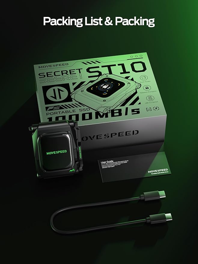 MOVE SPEED External Hard Drive with Touchscreen, Up to 10Gbps Portable SSD, USB-C 3.2 Gen2, Compatible with iPhone, Windows, Mac & More (ST10,1TB)