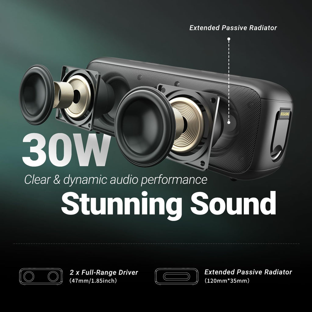 BOGASING G6 Bluetooth Speaker, Portable Wireless Speakers with 30W Loud Stereo Sound, 35H Playtime, IPX6 Waterproof, Bluetooth 5.3, EQ, TF-Card, AUX, USB Stick, Outdoor Speaker for Party (Black)