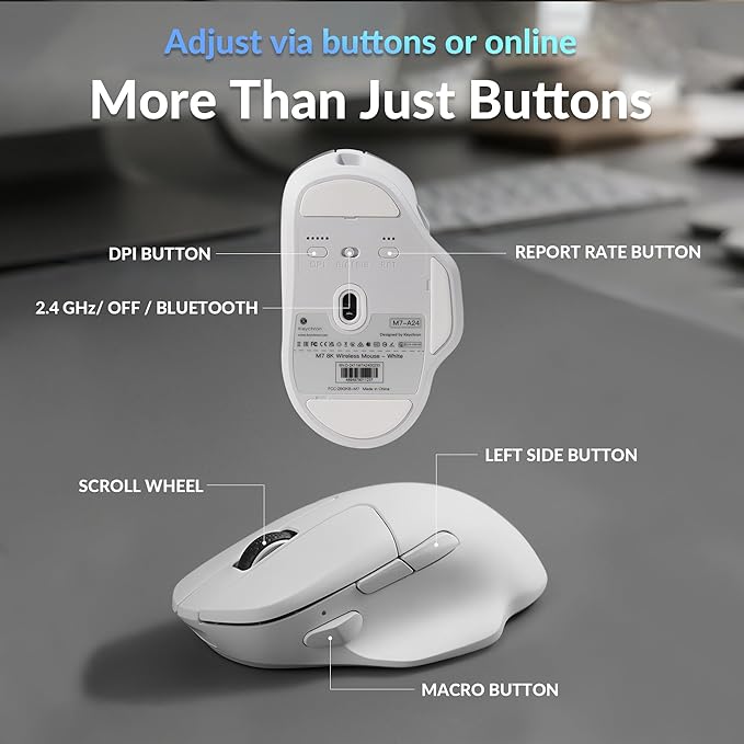 Keychron M7 8K Wireless Mouse, 30K DPI Optical Computer Mice, 2.4 GHz/Bluetooth/Wired with Macro Button 66g Lightweight Ergonomic, Up to 140 Hours Worktime for Laptop macOS/Windows - White