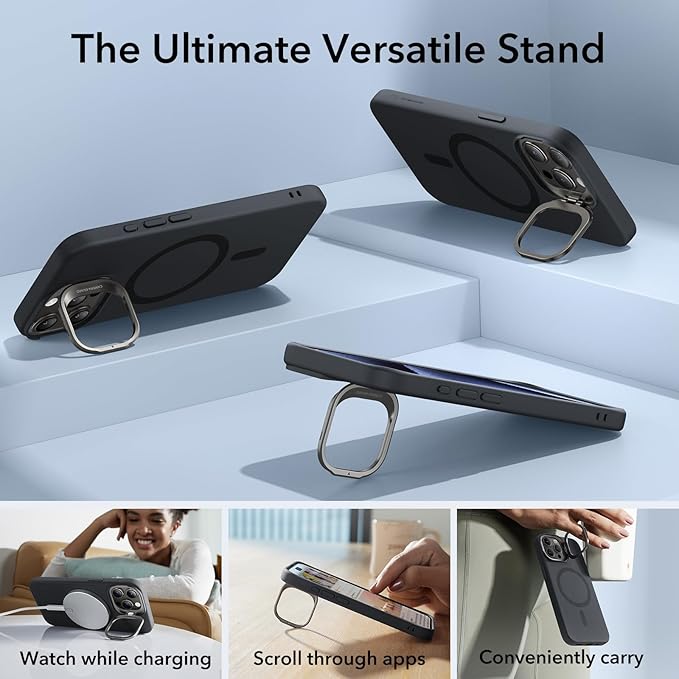 ESR for iPhone 15 Pro Max Case, MagSafe Silicone Case with Stand, Military-Grade Protection, Built-in Camera Stash Stand, Magnetic Phone Case for iPhone 15 Pro Max, Cloud Series, Black