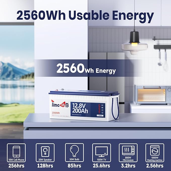 12V 200Ah Plus LiFePO4 Battery, Timeusb Lithium Battery with 200A BMS, Max. 2560W Power, 4000-15000 Deep Cycles, 10-Year Lifetime, Perfect for RV, Camping, Marine, Solar Off Grid, Backup System