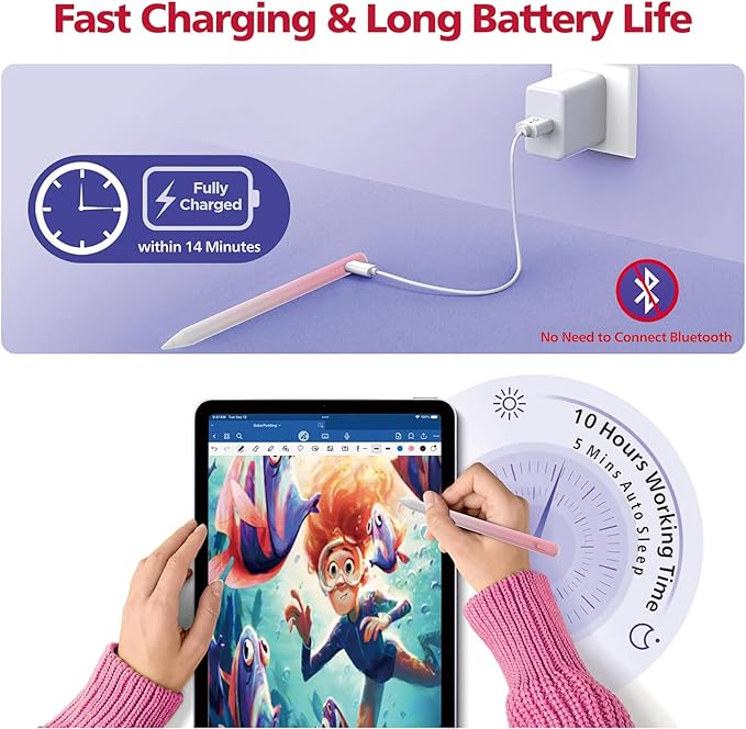 Stylus Pen for iPad,14Mins Fast Charge for Apple Pencil,Palm Rejection,Tilt Sensitivity, Pen for iPad11/10/9/8/7/6, Pro 12.9"/11"/13" M4, Mini 6/5, Air 5/4/3/11"-13" M2/M3 with Polishing Cloth