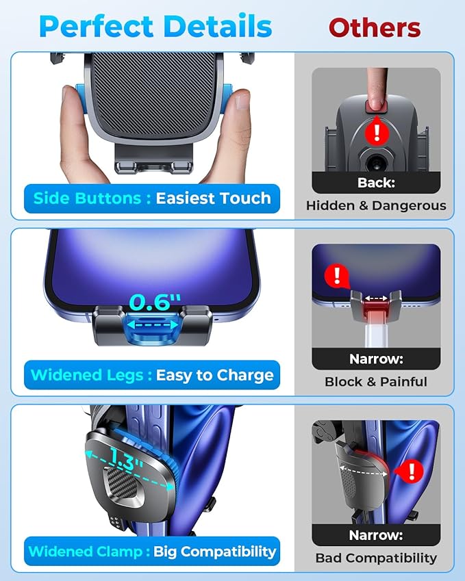 Phone Holders for Your Car with Double Metal Hook Clip, 【One-Hand Operation】 Air Vent Cell Phone Car Mount, Universal Automobile Cradle Fit for iPhone Android and All Smartphones, Dark Black