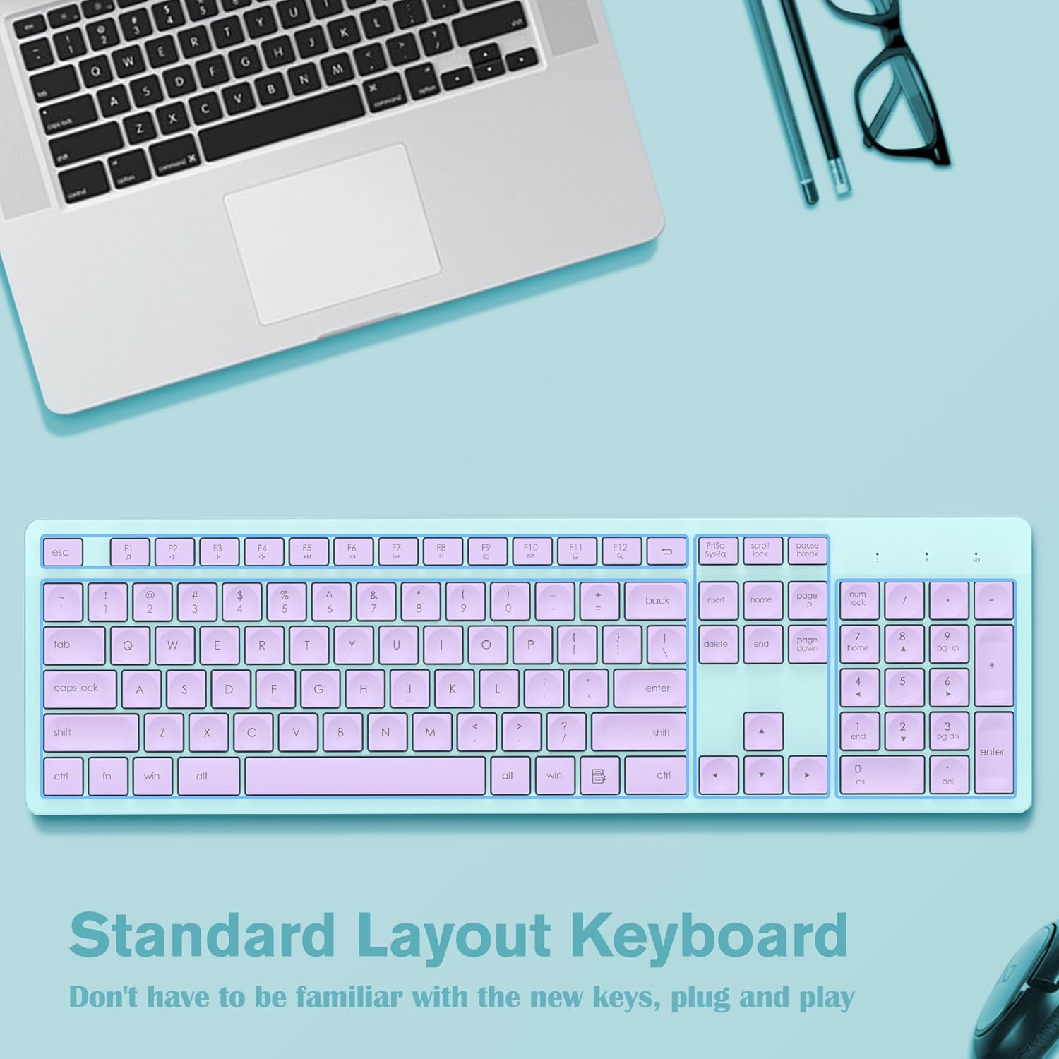LeadsaiL Wireless Keyboard, 2.4GHz Full-Sized Ergonomic Computer Keyboard, Cordless Noiseless Keyboard,12 FN Shortcuts for Windows MacOS Laptop Computer - Purple and Mint Green
