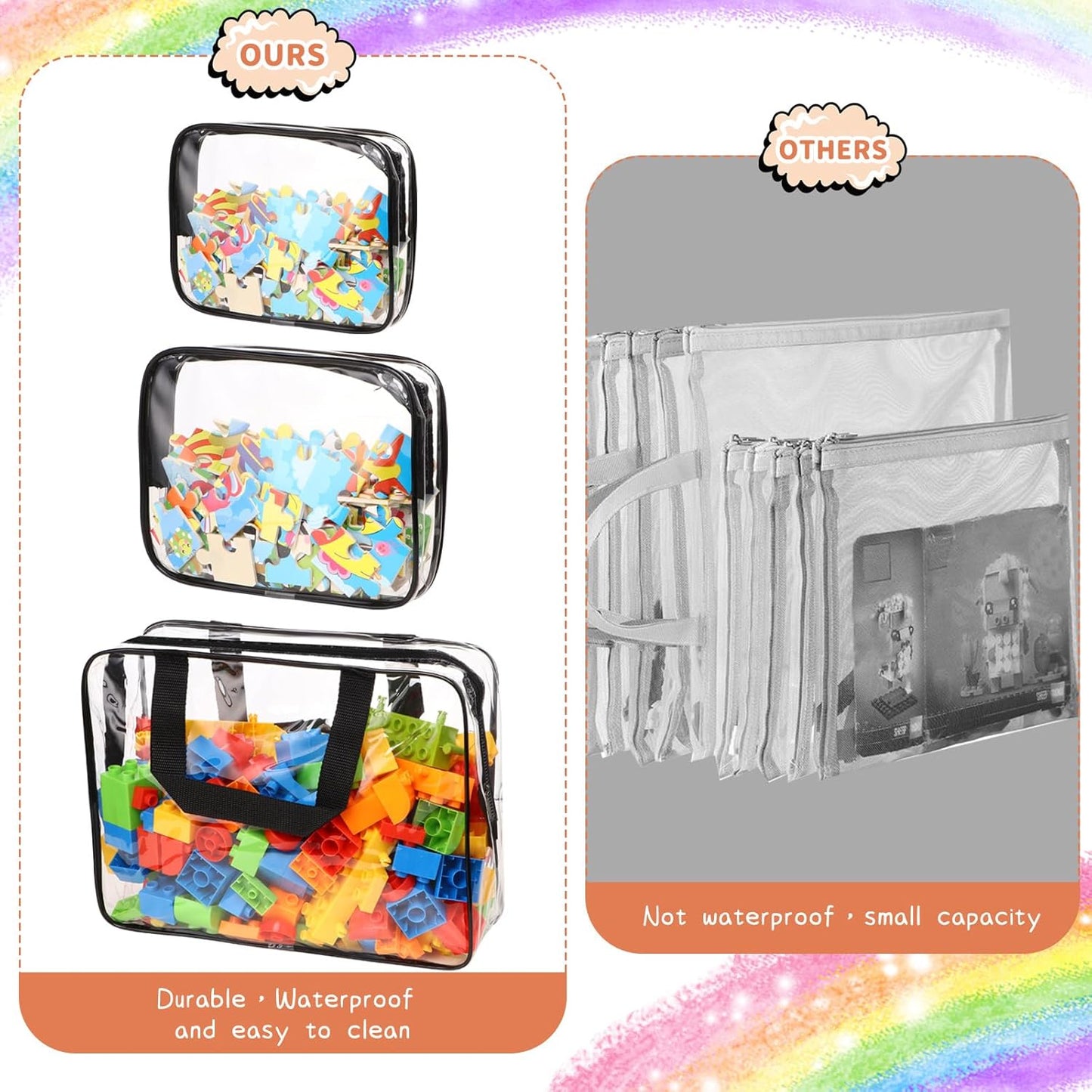 18 Packs Large Toy Storage Bags with Labels, Clear PVC Bags Travel Waterproof Kids Toy Organizer Bags with Zipper for Building Blocks Puzzle Kids Books (Black)