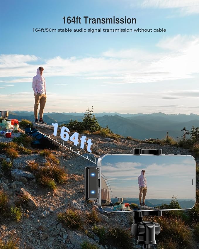 PQRQP Wireless Microphone for iPhone, iPad, Android(Lightning/USB C), Dual Microphones 20 H Battery Life, Mini Microphone, Cordless Double Mics for Video Recording, YouTube, TikTok, 164FT