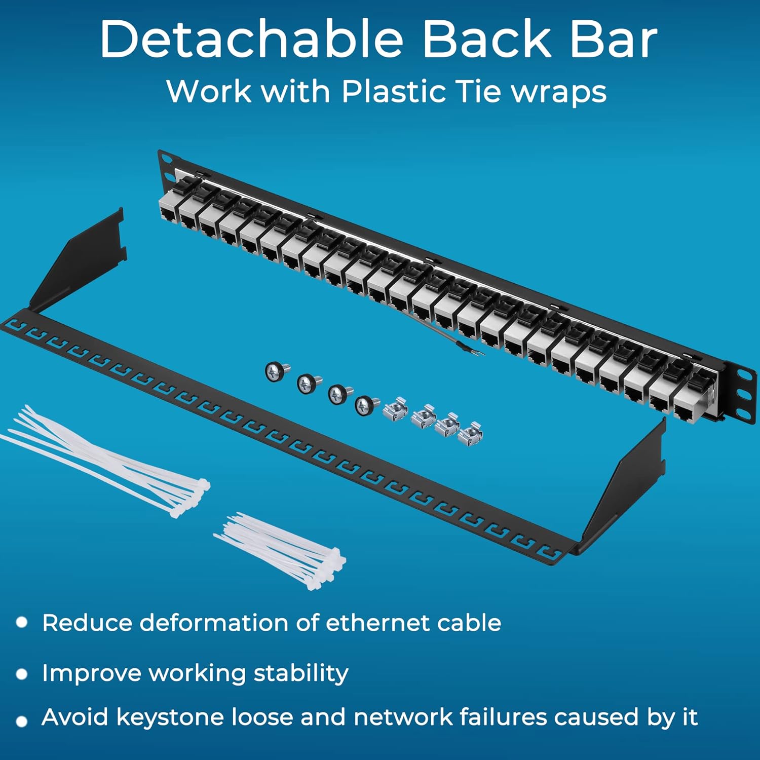 Rapink Patch Panel 24 Port Cat7 with Inline Keystone 10G Support, Coupler Patch Panel STP Shielded 19-Inch with Removable Back Bar, 1U Network Panel for Cat7, Cat6, Cat6A, Cat5e,