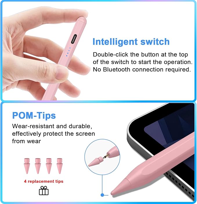 Stylus Pen for iPad 9th&10th - Type-c Charging Pencil for ipad Palm Rejection Active Pen Compatible with (2018-2025) Apple iPad 6/7/8/9/10/11(A16), Air 3/4/5/M2/M3, Mini 5/6, Pro 11"/12.9"/M4（Pink）