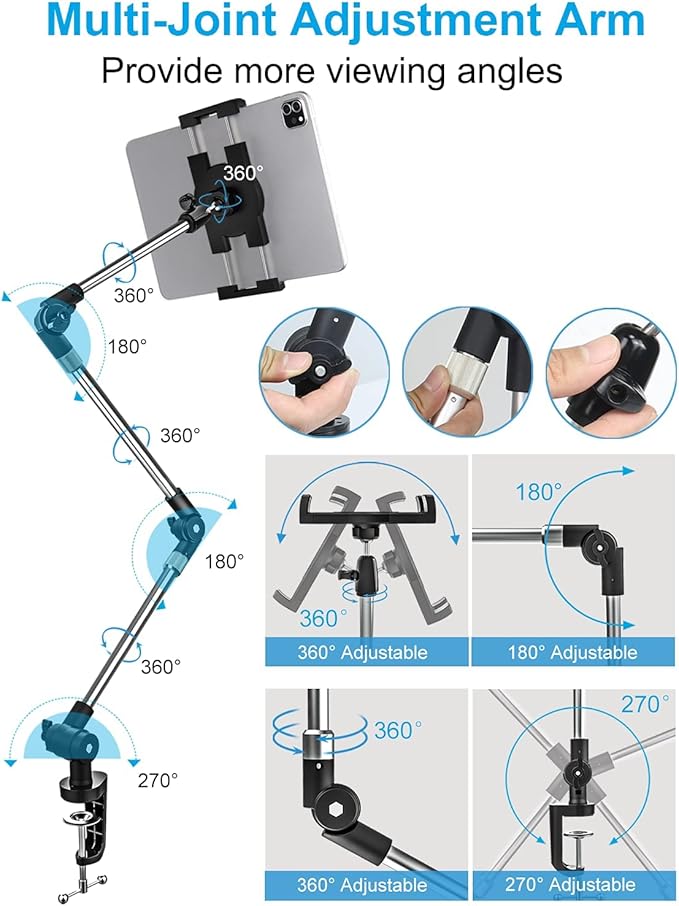 woleyi Adjustable Tablet Mount Holder, 35" Desk/Bed Clamp Phone iPad Stand with Foldable 360° Swivel Arm for iPad Pro 12.9 Air Mini, iPhone, Galaxy Tabs, Nintendo Switch, 4-13" Cell Phones and Tablets