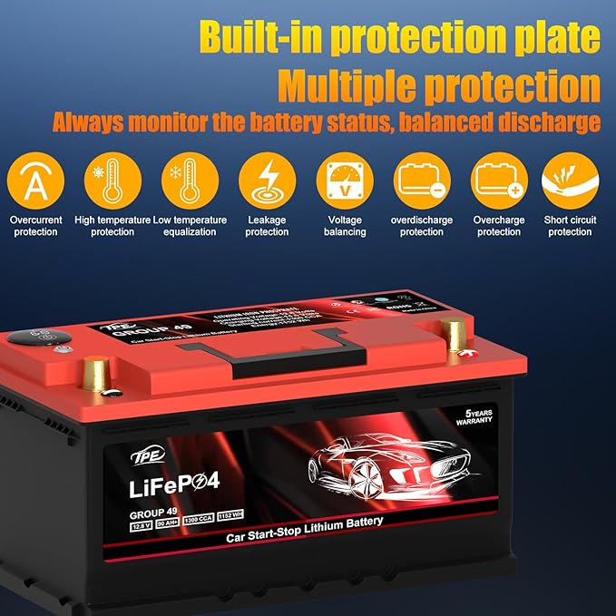 TPE Car Start-Stop Lithium Battery GROUP 49 12V 90AH Car Battery with 1300CCA – High-Performance Automotive Battery with 60 Months Warranty