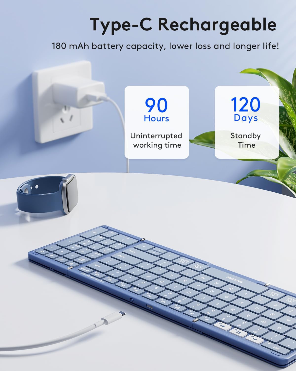 Samsers Foldable Bluetooth Keyboard with Numeric Keypad, Full-Size Wireless Folding PU Leather, Portable Travel for iOS Android Windows Mac OS, Support 3 Device(BT5.1 x 3) Blue