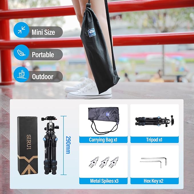 SIRUI AM203 Mini Travel Tripod with 360° B00K Ball Head, Lightweight Aluminum Tripod for Travel and Tabletop Use, Max Load 20lbs/10KG, Folded Height 11.4”, Max Height 16.7”
