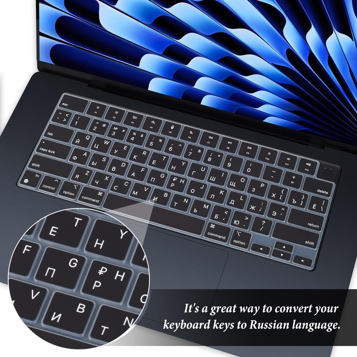 Russian Language Keyboard Cover Skin Compatible for 2025-2022 MacBook Air 15.3 inch A2941 A3114 A3241/MacBook Air 13.6 inch A3113 A2681 A3240 with M4 M3 M2,MacBook Air 2025 Keyboard Protector-Black