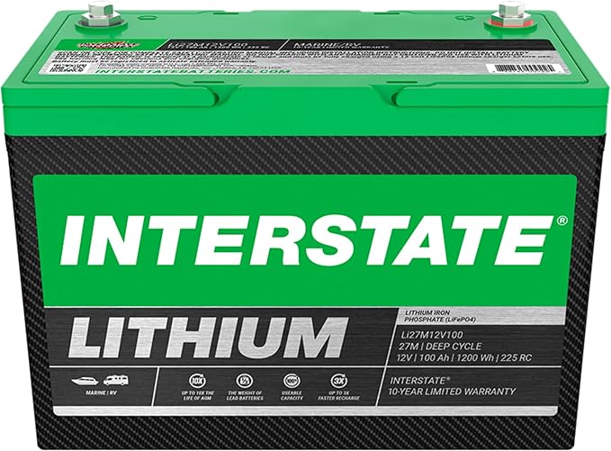 Interstate Batteries 12V 100Ah Group Size 27M Lithium Marine/RV Deep Cycle LiFePO4 Battery, Maintenance Free, Lightweight, Ideal For Boats, RV Camping, Off-Grid, Yachts (Li27M12V100)