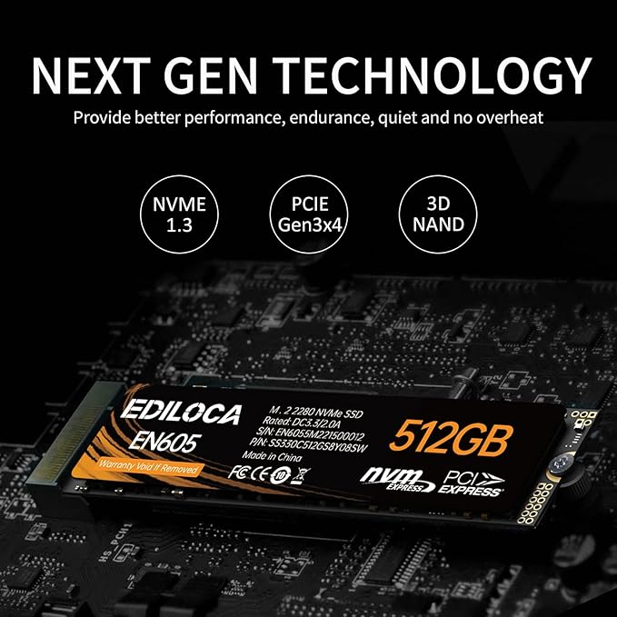 EN605 512GB M.2 SSD, NVMe1.3 PCIe Gen3 x4 SSD TLC, Internal Hard Drive, M.2 2280 - Read/Write Speed up to 2150/1600 MB/s - Internal SSD Compatible with Laptop & PC Desktop