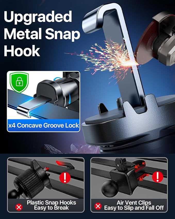 YRU Car Phone Holder [2025 Upgraded Metal Hook Clip], Phone Holders for Your Car [No Fear of Bumps] Air Vent Cellphone Mount Widely Compatible with iPhone16 15 14 13 12 Samsung Android, Grey