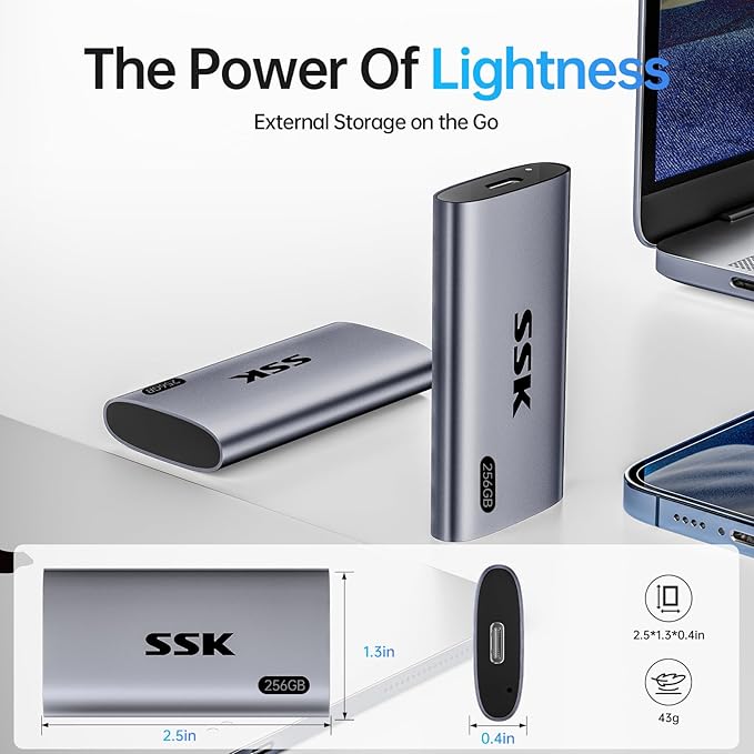 SSK 256GB SSD External Hard Drive, Portable SSD Up to 550MB/s Fast Solid State Drives, External Drive USB 3.2 Gen2 for iPhone 15/Pro, Windows, Mac, Android with LED Light, Trim, Smart Supported