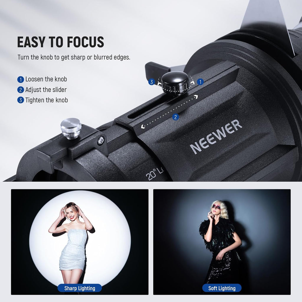 NEEWER Spotlight Snoot Only for NEEWER MS60B, MS60C, MS150B, MS150C LED Video Light, Conical Snoot with 20° Projection Lens, Adjustable Focus, 16 Gobos, 5 Color Gels, Bag, LS-48