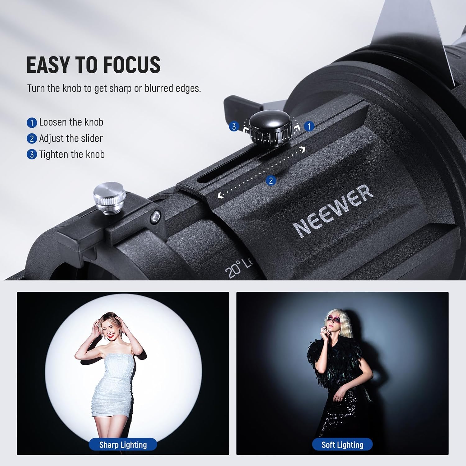 NEEWER Spotlight Snoot Only for NEEWER MS60B, MS60C, MS150B, MS150C LED Video Light, Conical Snoot with 20° Projection Lens, Adjustable Focus, 16 Gobos, 5 Color Gels, Bag, LS-48