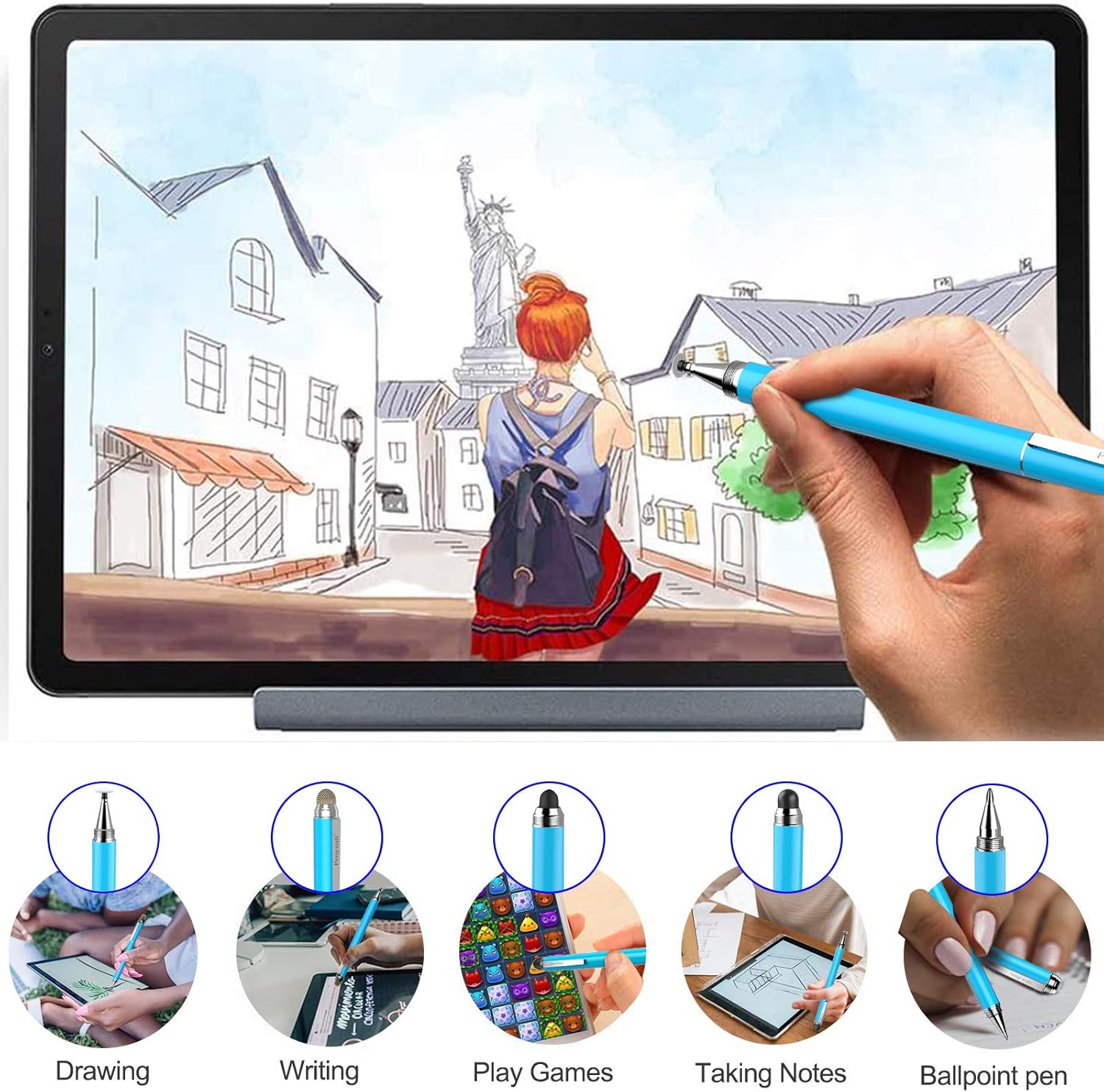 Penyeah Stylus, 4-in-1 Stylus Pen for Touch Screen, High Precision and Sensitivity Disc,Mesh,2 Sized Rubber Tips, Universal for iPhone/iPad/Android/Samsung/HP Tablets All Capacitive Touch Screens-Blue