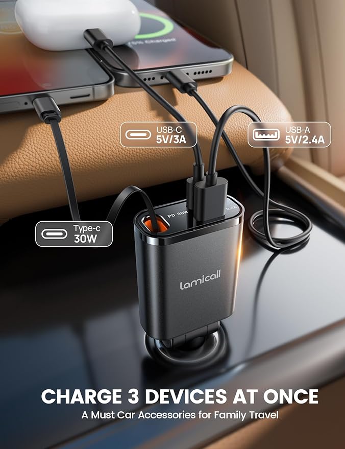 Lamicall Retractable Car Charger USB C Fast Charging 57W Type C Car Phone Charger fit iPhone 16 16e 15 Pro Max Plus Samsung Galaxy S25 S24 Ultra Pixel Android PT-47-Black