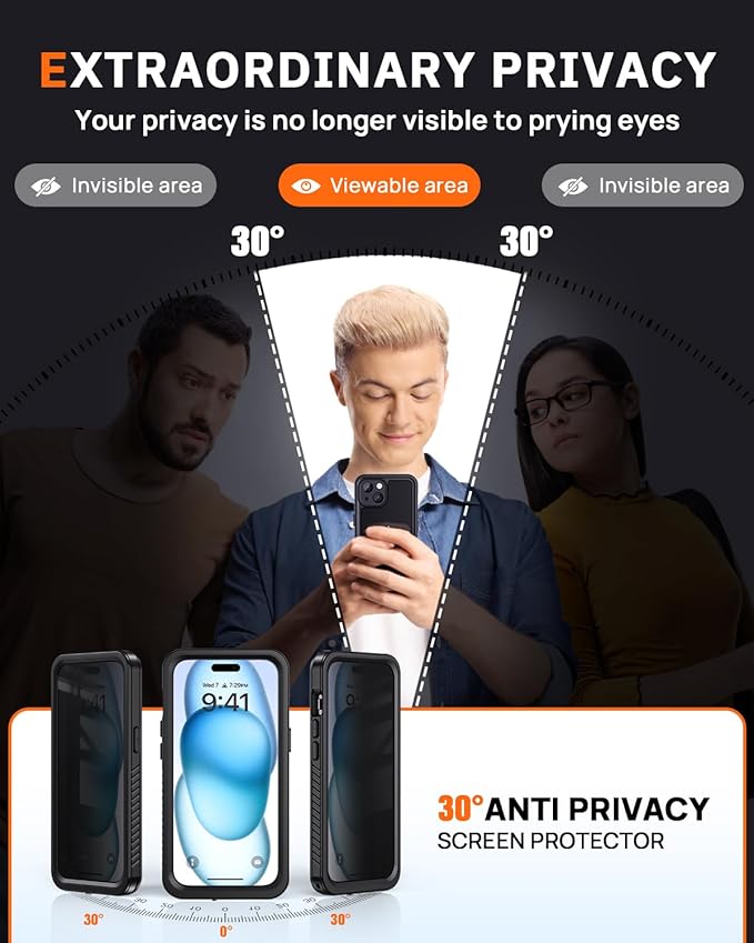 Lanhiem for iPhone 15 Privacy Case, Waterproof Dustproof Shockproof Cases for iPhone 15 with Privacy Screen Protector, Full Body Heavy Duty Protective Cover for iPhone 15-6.1 inch (Black)