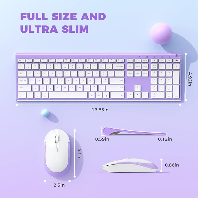 Wireless Keyboard and Mouse, Vssoplor 2.4GHz Rechargeable Compact Quiet Full-Size Keyboard and Mouse Combo with Nano USB Receiver for Windows, Laptop, PC, Notebook-Lavender Purple