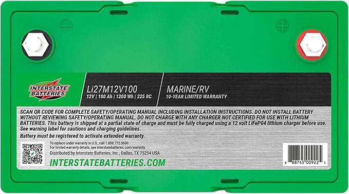 Interstate Batteries 12V 100Ah Group Size 27M Lithium Marine/RV Deep Cycle LiFePO4 Battery, Maintenance Free, Lightweight, Ideal For Boats, RV Camping, Off-Grid, Yachts (Li27M12V100)